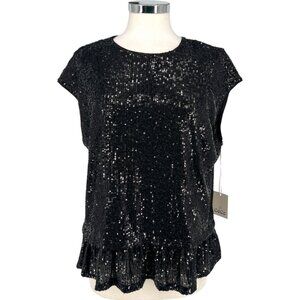 CeCe Black Sequin Ruffle Hem Top Short Sleeve Size Large NWT